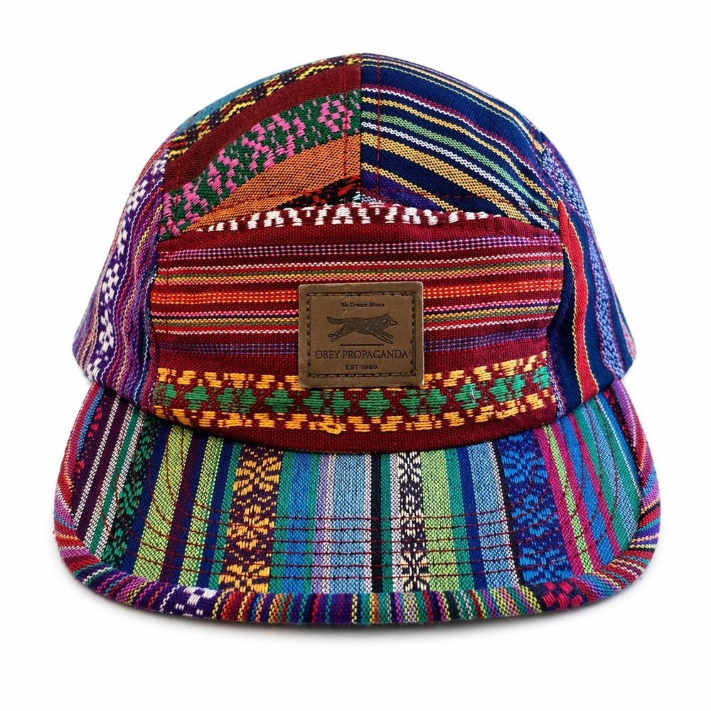 Obey Propaganda Gaucho 5-Panel Camp Cap Tribal Aztec Woven Wolf Patch Leather